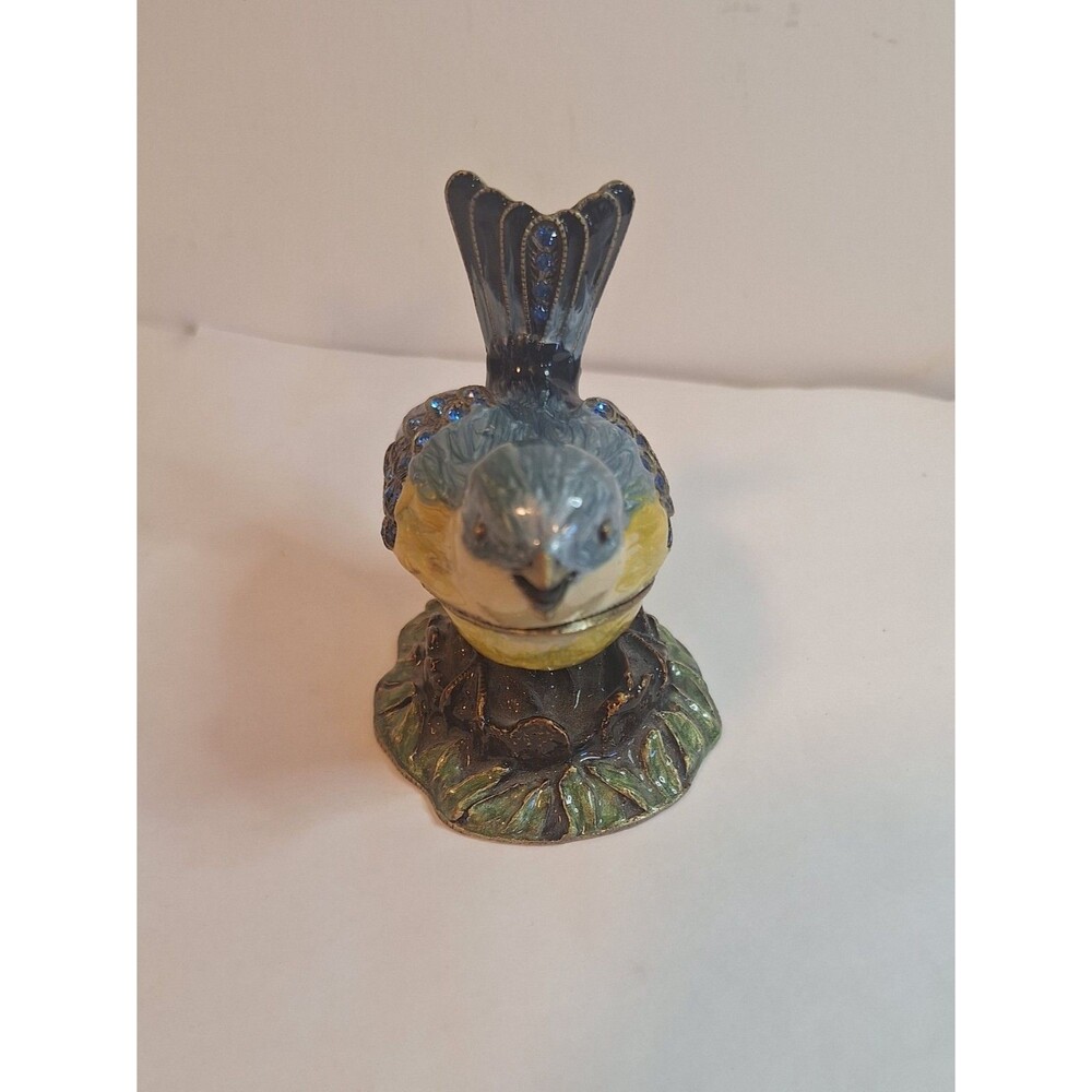 VTG Enameled Metal BLUE BIRD TRINKET BOX Crystal Rhinestone 3.2" Figurine Decor